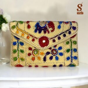 SUTLIYAN Women's Rajasthani Handmade Damru Embroidery Small Beige Clutch Bag