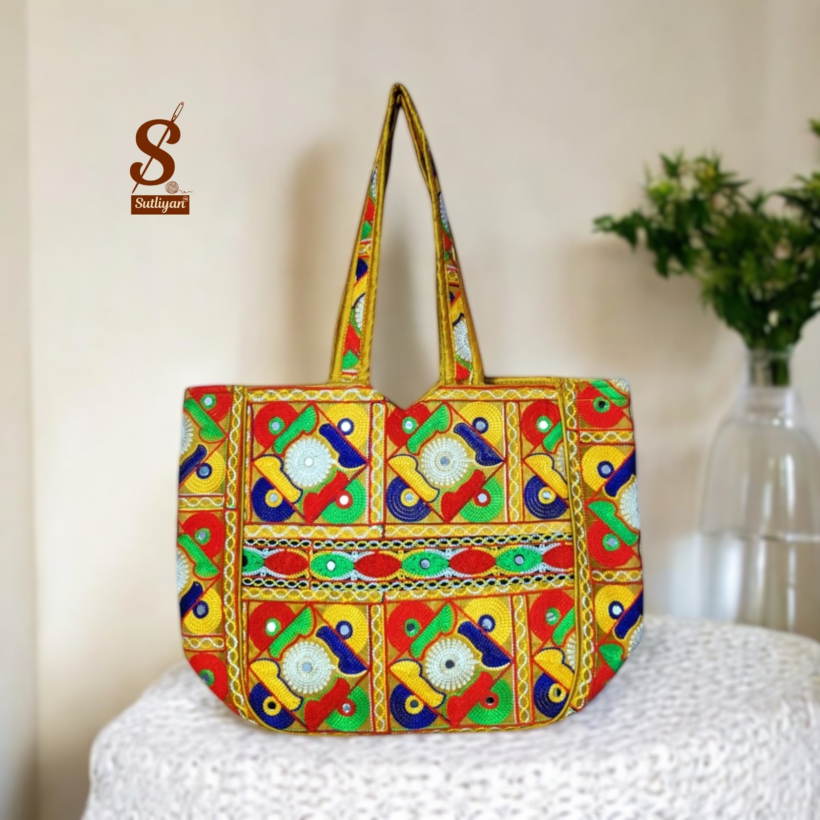 SUTLIYAN Women's Rajasthani Handmade Flower Embroidery Regular Yellow Tote Bag
