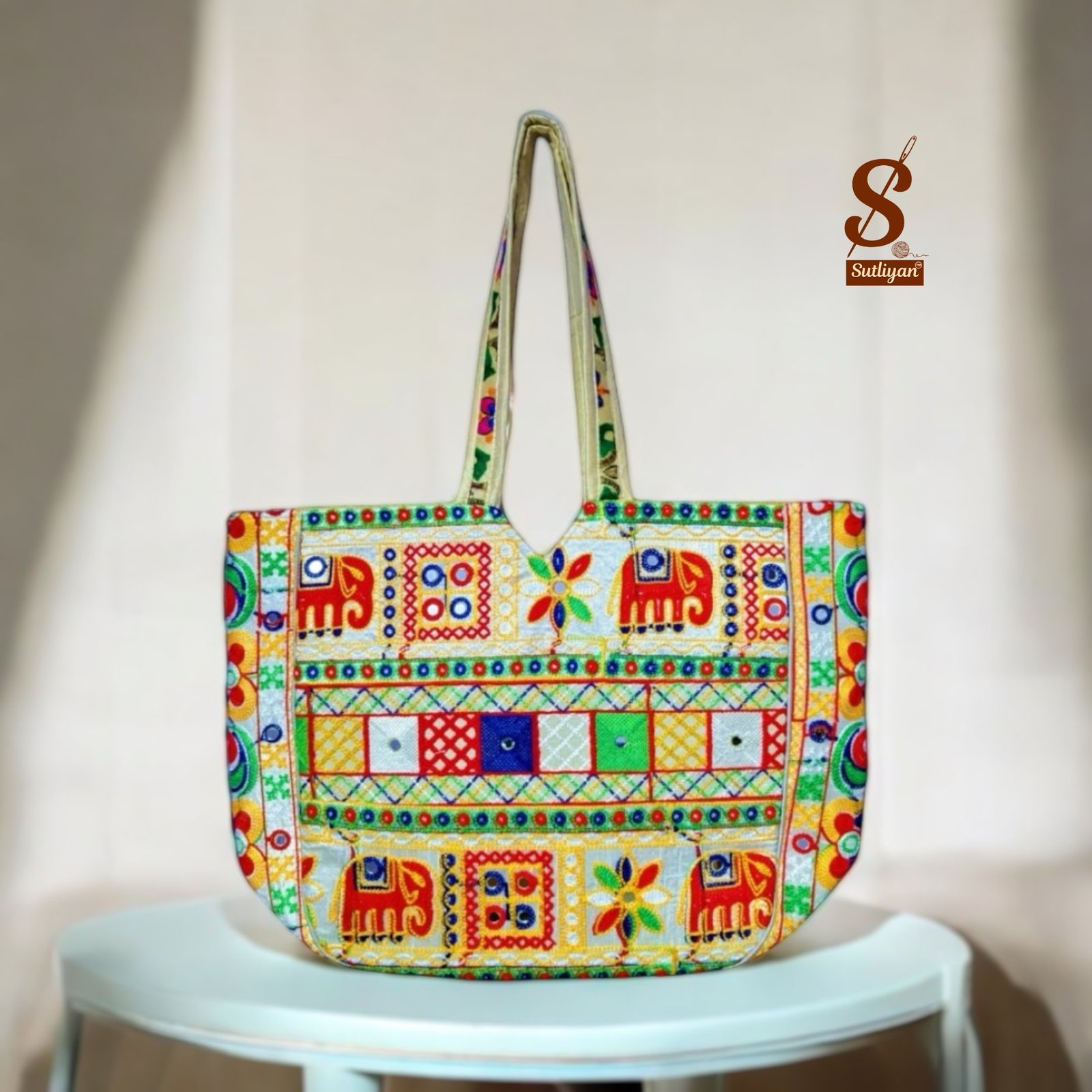 SUTLIYAN Women's Ahmedabadi Handmade Elephant Embroidery Large White Tote Bag