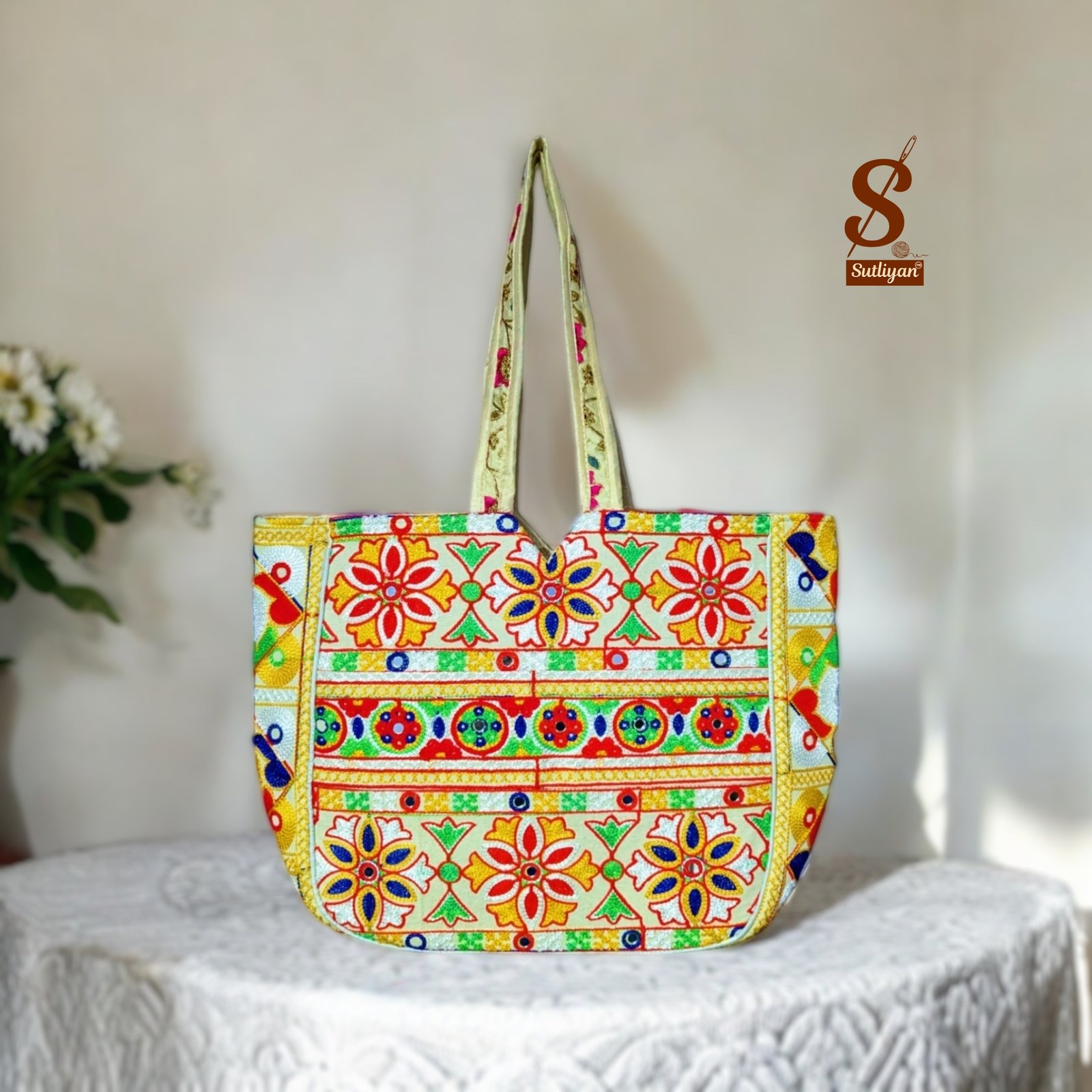 SUTLIYAN Women's Ahmedabadi Handmade Flower Embroidery Large White Tote Bag