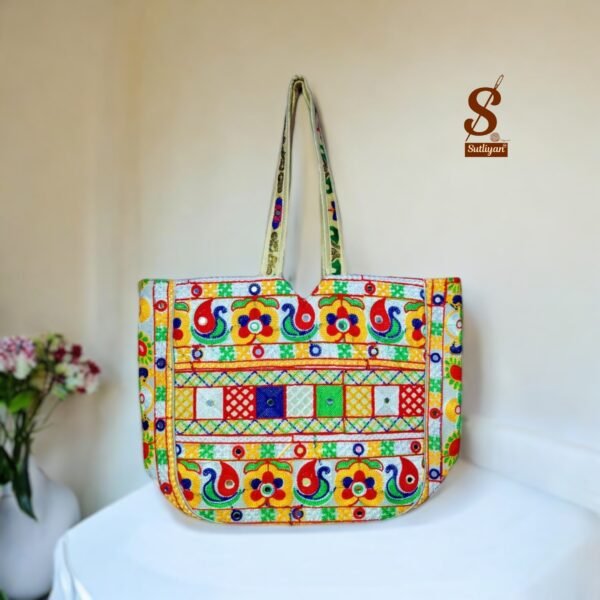 SUTLIYAN Women's Ahmedabadi Handmade Tree Embroidery Large White Tote Bag