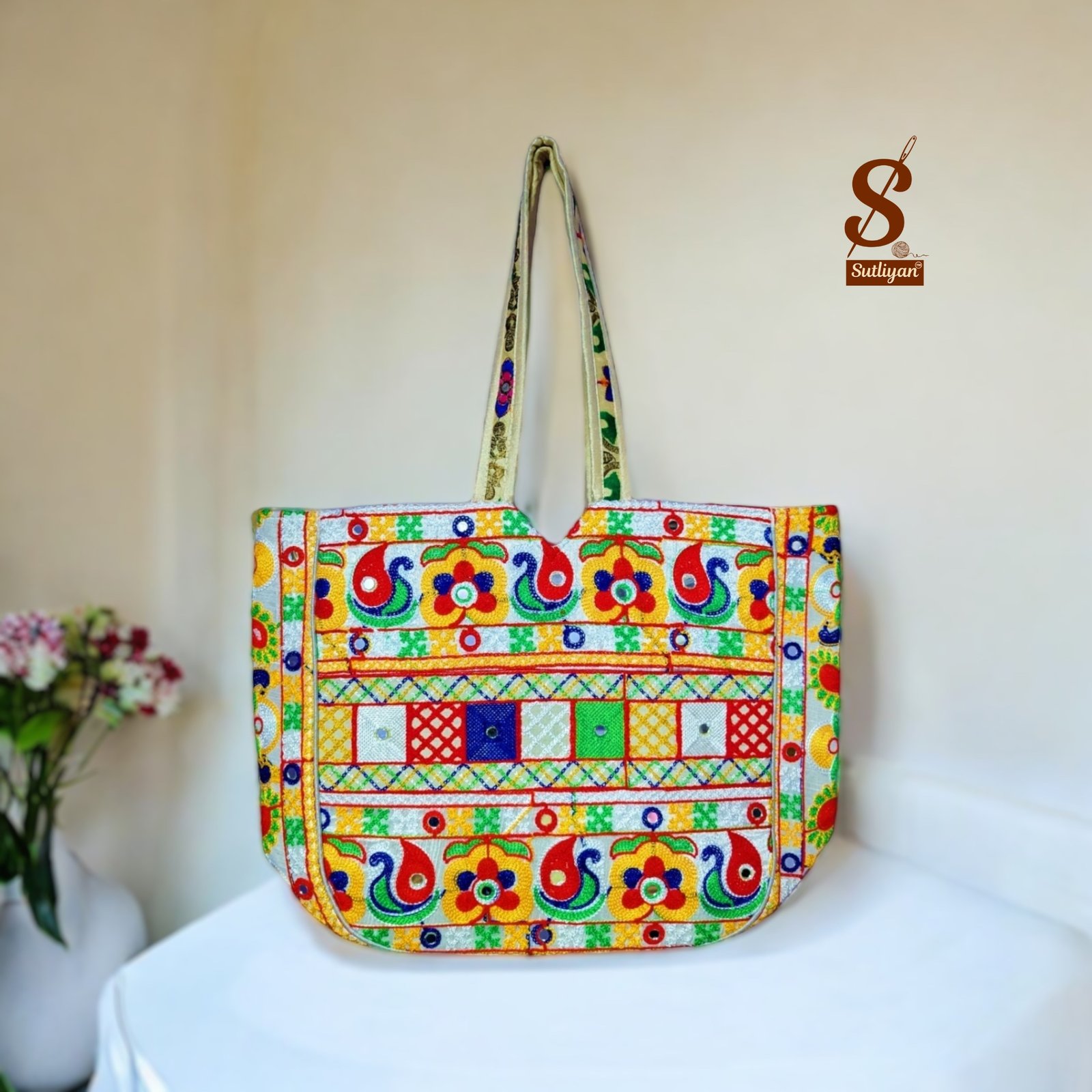 SUTLIYAN Women's Ahmedabadi Handmade Tree Embroidery Large White Tote Bag