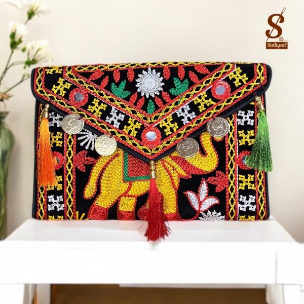 SUTLIYAN Women's Rajasthani Handmade Elephant Embroidery Small Black Coin Clutch Bag
