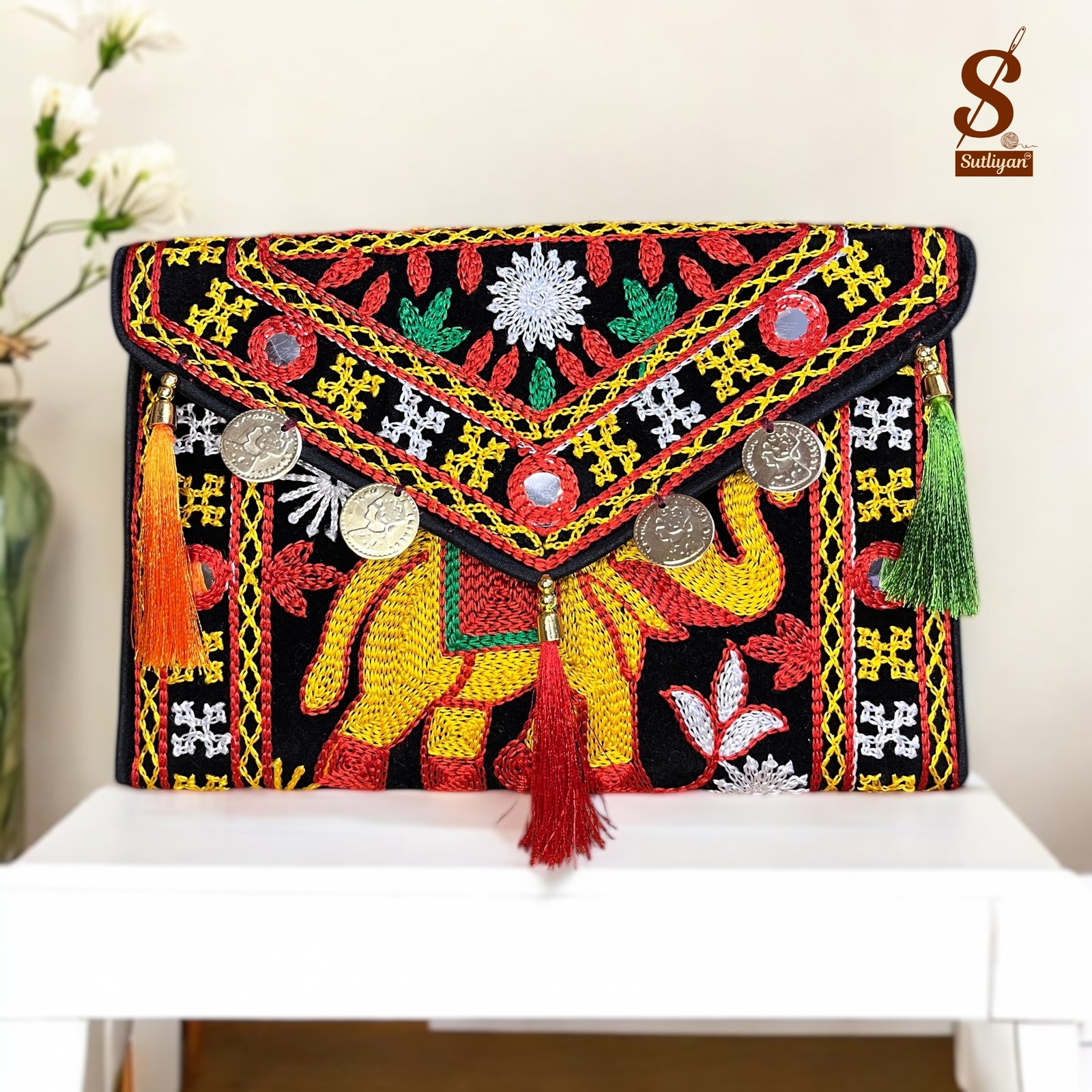 SUTLIYAN Women's Rajasthani Handmade Elephant Embroidery Small Black Coin Clutch Bag