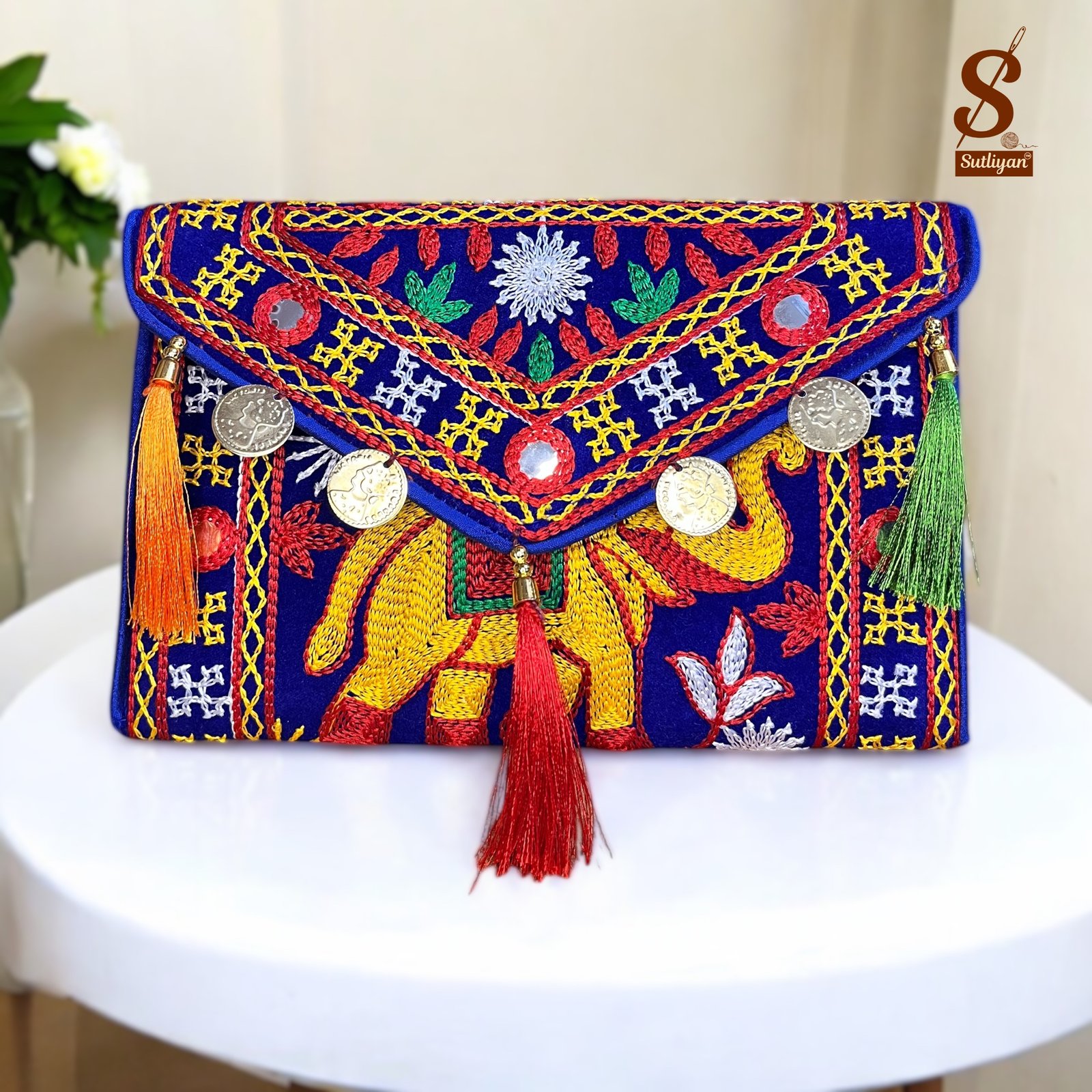 SUTLIYAN Women's Rajasthani Handmade Elephant Embroidery Small Blue Coin Clutch Bag