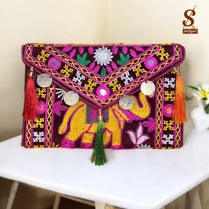 SUTLIYAN Women's Rajasthani Handmade Elephant Embroidery Small Maroon Coin Clutch Bag
