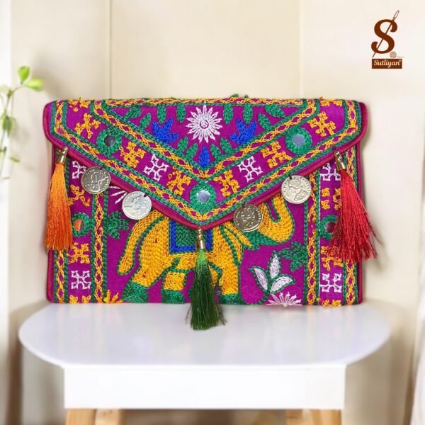 SUTLIYAN Women's Rajasthani Handmade Elephant Embroidery Small Pink Coin Clutch Bag