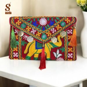 SUTLIYAN Women's Rajasthani Handmade Elephant Embroidery Small Red Coin Clutch Bag