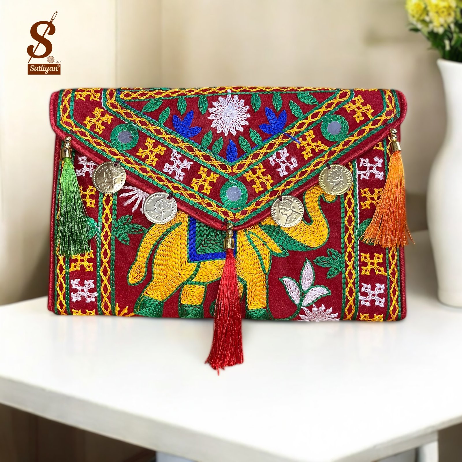 SUTLIYAN Women's Rajasthani Handmade Elephant Embroidery Small Red Coin Clutch Bag