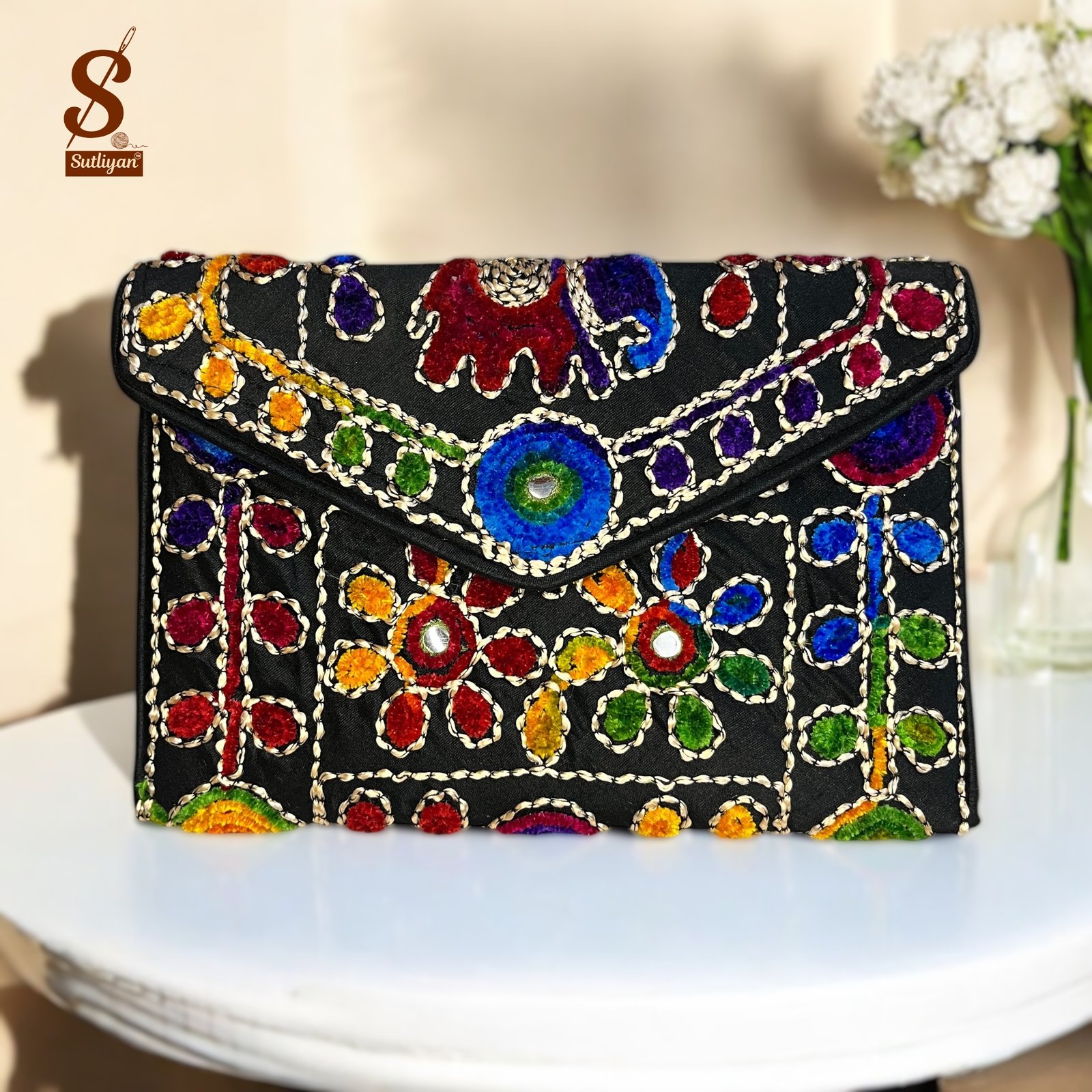 SUTLIYAN Women's Rajasthani Handmade Damru Embroidery Small Black Clutch Bag