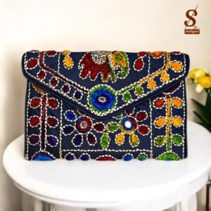 SUTLIYAN Women's Rajasthani Handmade Damru Embroidery Small Blue Clutch Bag