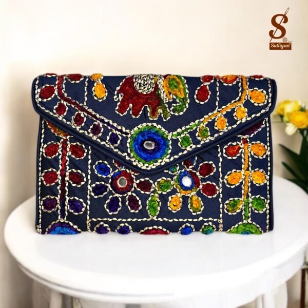 SUTLIYAN Women's Rajasthani Handmade Damru Embroidery Small Blue Clutch Bag