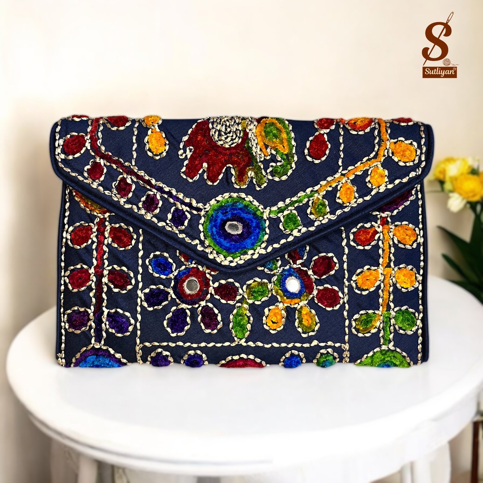 SUTLIYAN Women's Rajasthani Handmade Damru Embroidery Small Blue Clutch Bag