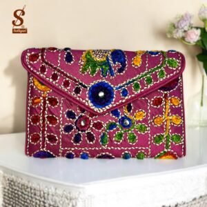 SUTLIYAN Women's Rajasthani Handmade Damru Embroidery Small Pink Clutch Bag
