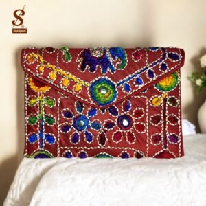 SUTLIYAN Women's Rajasthani Handmade Damru Embroidery Small Red Clutch Bag
