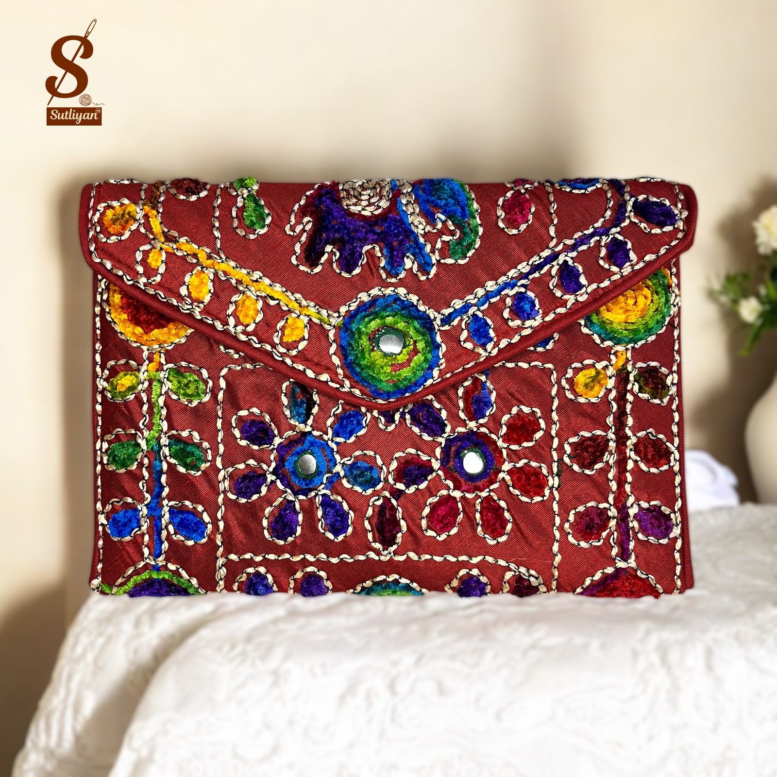 SUTLIYAN Women's Rajasthani Handmade Damru Embroidery Small Red Clutch Bag