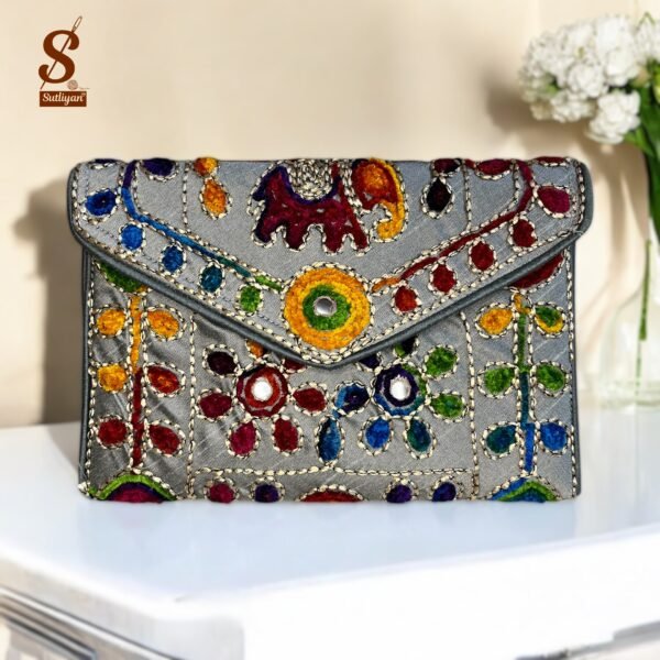 SUTLIYAN Women's Rajasthani Handmade Damru Embroidery Small Silver Clutch Bag