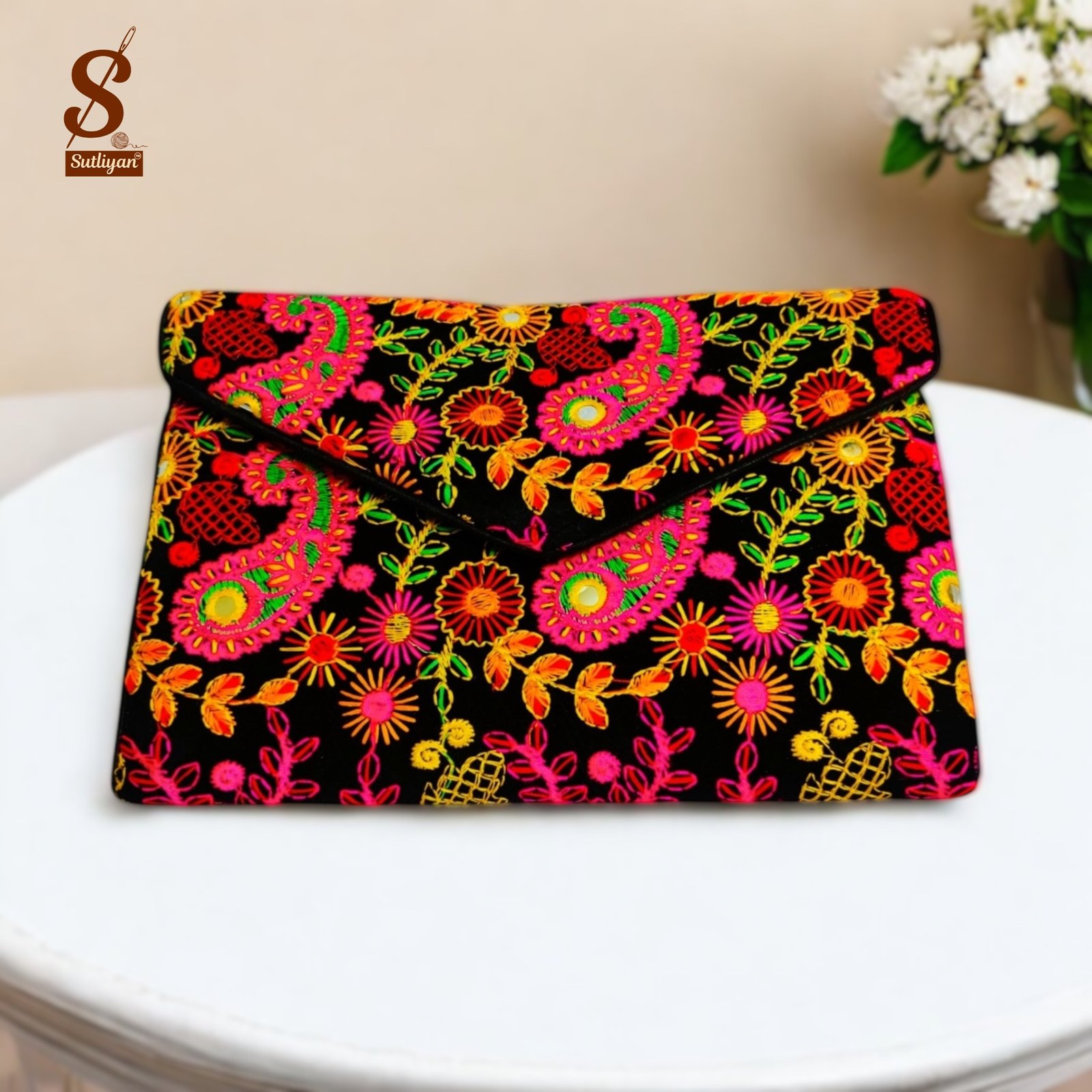 SUTLIYAN Women's Rajasthani Handmade Flower Embroidery Regular Black Clutch Bag