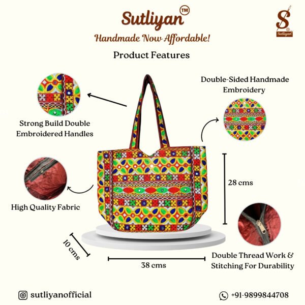 SUTLIYAN Women's Rajasthani Handmade Flower Embroidery Regular Maroon Tote Bag