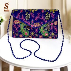 SUTLIYAN Women's Rajasthani Handmade Flower Embroidery Regular Blue Clutch Bag