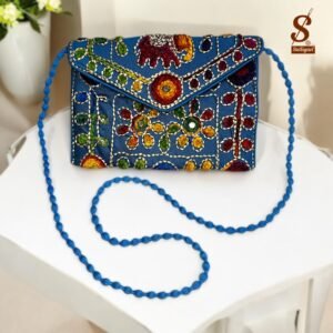 SUTLIYAN Women's Rajasthani Handmade Damru Embroidery Small Sky Blue Clutch Bag