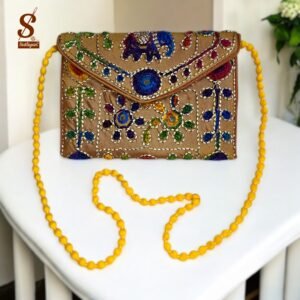 SUTLIYAN Women's Rajasthani Handmade Damru Embroidery Small Yellow Clutch Bag