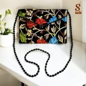 SUTLIYAN Women's Kashmiri Handmade Flower Embroidery Small Black Clutch Bag
