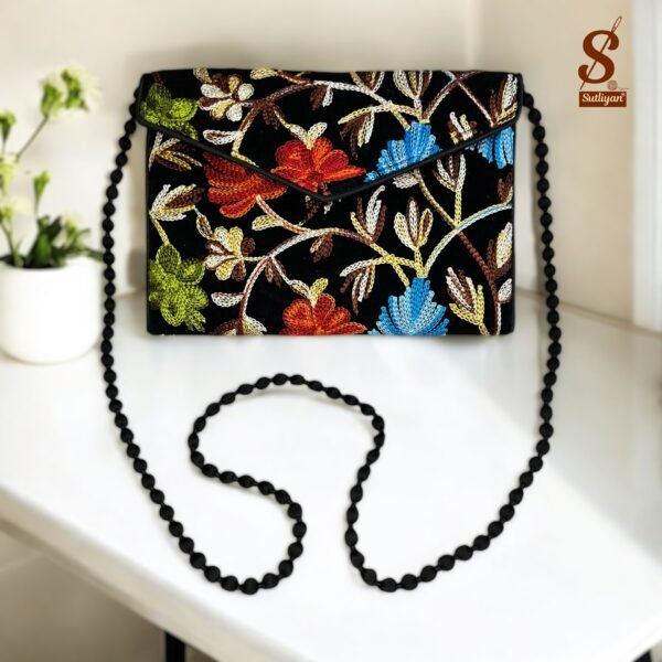 SUTLIYAN Women's Kashmiri Handmade Flower Embroidery Small Black Clutch Bag