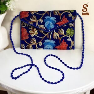 SUTLIYAN Women's Kashmiri Handmade Flower Embroidery Small Blue Clutch Bag