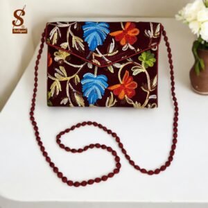 SUTLIYAN Women's Kashmiri Handmade Flower Embroidery Small Maroon Clutch Bag