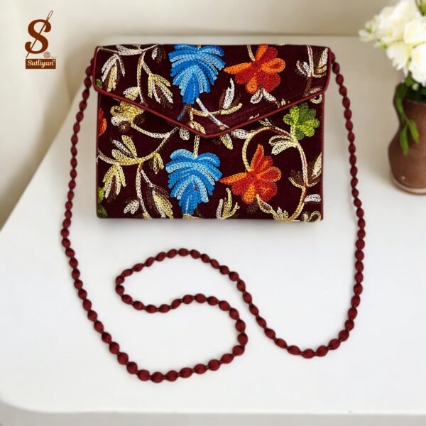 SUTLIYAN Women's Kashmiri Handmade Flower Embroidery Small Maroon Clutch Bag
