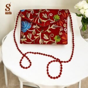 SUTLIYAN Women's Kashmiri Handmade Flower Embroidery Small Red Clutch Bag