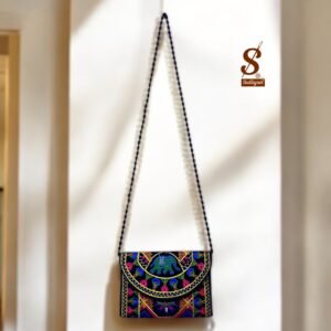 SUTLIYAN Women's Gujarati Handmade Elephant Embroidery Small Black Clutch Bag