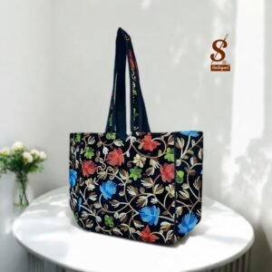 SUTLIYAN Women's Kashmiri Handmade Flower Embroidery Regular Black Tote Bag