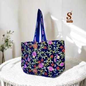 SUTLIYAN Women's Kashmiri Handmade Flower Embroidery Regular Blue Tote Bag