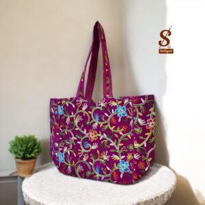 SUTLIYAN Women's Kashmiri Handmade Flower Embroidery Regular Pink Tote Bag