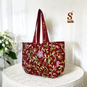 SUTLIYAN Women's Kashmiri Handmade Flower Embroidery Regular Red Tote Bag
