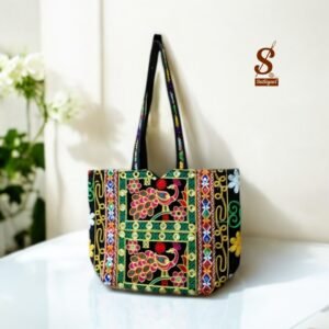 SUTLIYAN Women's Rajasthani Handmade Peacock Embroidery Regular Black Tote Bag
