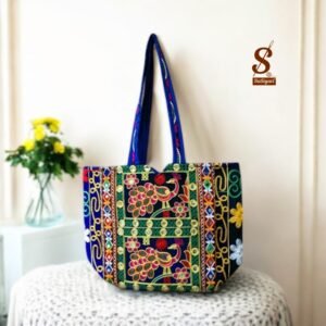 SUTLIYAN Women's Rajasthani Handmade Peacock Embroidery Regular Blue Tote Bag