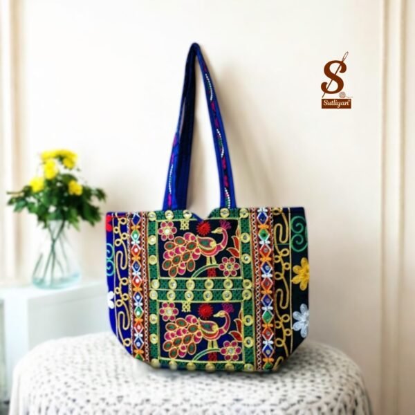 SUTLIYAN Women's Rajasthani Handmade Peacock Embroidery Regular Blue Tote Bag