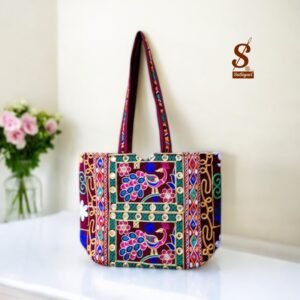 SUTLIYAN Women's Rajasthani Handmade Peacock Embroidery Regular Maroon Tote Bag