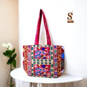 SUTLIYAN Women's Rajasthani Handmade Peacock Embroidery Regular Pink Tote Bag