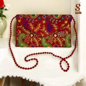 SUTLIYAN Women's Rajasthani Handmade Flower Embroidery Regular Red Clutch Bag