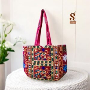SUTLIYAN Women's Rajasthani Handmade Peacock Embroidery Regular Red Tote Bag