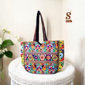 SUTLIYAN Women's Gujarati Handmade Flower Embroidery Large Black Tote Bag