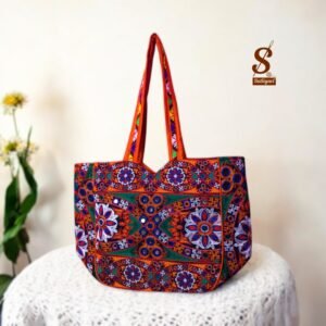 SUTLIYAN Women's Gujarati Handmade Mirror Work Regular Orange Tote Bag