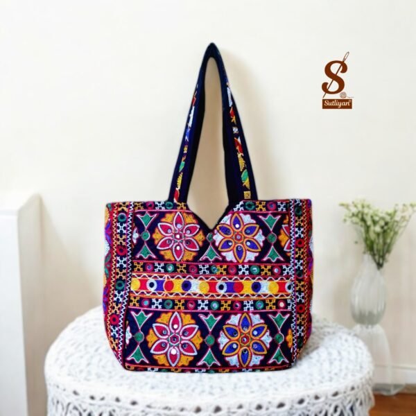 SUTLIYAN Women's Gujarati Handmade Flower Embroidery Regular Black Tote Bag