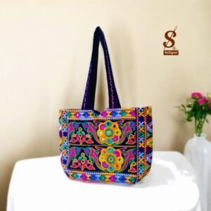 SUTLIYAN Women's Rajasthani Handmade Mirror Work Regular Black Tote Bag