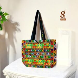 SUTLIYAN Women's Jaipuri Handmade Flower Embroidery Regular Black Tote Bag