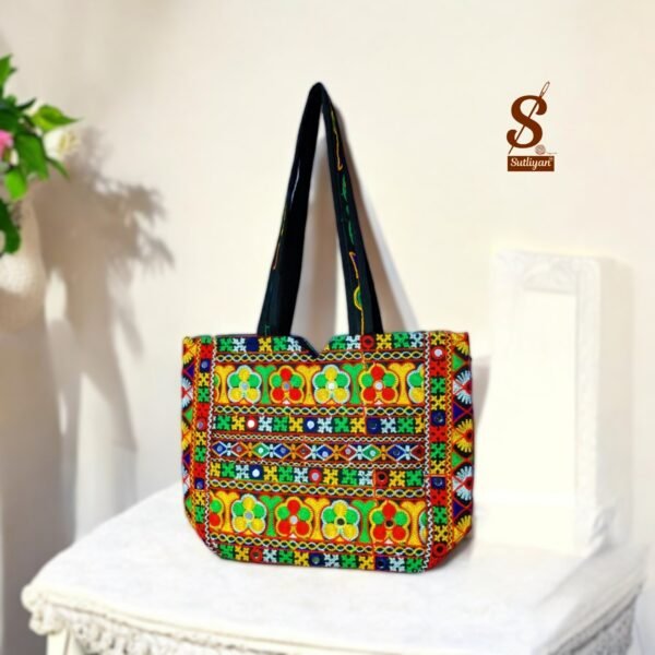 SUTLIYAN Women's Jaipuri Handmade Flower Embroidery Regular Black Tote Bag